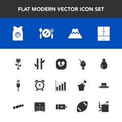 Modern, simple vector icon set with basketball, blossom, asia, alarm, bamboo, lava, business, drink, plate, ice, sweet, cream, landscape, spoon, idea, sign, sport, food, clock, diagram, alcohol icons