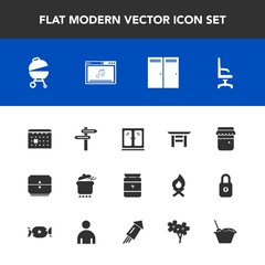 Fototapeta premium Modern, simple vector icon set with home, comfortable, schedule, timetable, travel, grill, honey, sport, direction, entrance, online, drawer, bodybuilding, jam, chinese, nutrition, barbecue, jar icons
