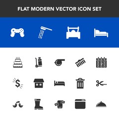 Modern, simple vector icon set with service, referee, delivery, collection, equipment, schedule, bedroom, truck, calendar, pie, bed, sweet, joystick, shower, vehicle, stroke, usd, cake, travel icons