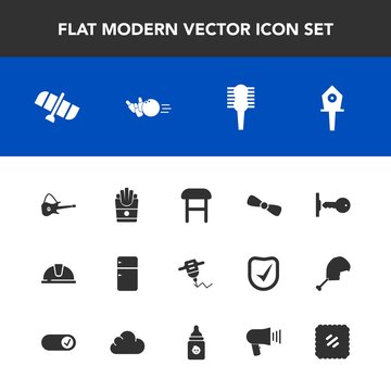 Modern, simple vector icon set with key, white, bow, food, brush, hand, musical, potato, armchair, gift, drill, refrigerator, hair, security, equipment, interior, comfortable, machine, station icons
