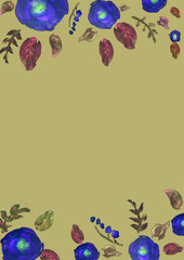 Painted watercolor composition with flowers and leaves. Frame of roses. Floral border. Can be used as invitation card for wedding, birthday, other holiday, summer background, poster, banner.