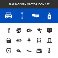 Modern, simple vector icon set with food, research, health, room, dentist, bag, healthy, soap, bubble, print, plate, home, green, supermarket, screen, white, happy, razor, energy, child, machine icons