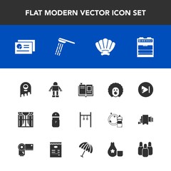 Modern, simple vector icon set with holiday, sport, marine, seasoning, space, library, chart, machine, music, clown, report, fiction, interior, alien, shell, video, monster, athlete, sea, graph icons