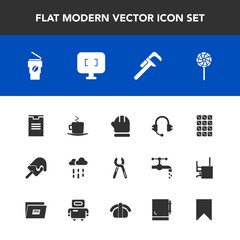 Fototapeta premium Modern, simple vector icon set with warm, monitor, winter, cafe, repair, computer, bar, cream, chocolate, screen, page, notepad, sweet, box, rainy, technology, rain, season, candy, tool, dessert icons