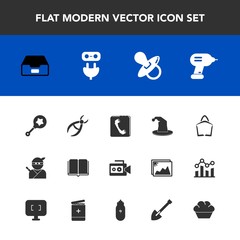 Modern, simple vector icon set with film, doughnut, power, folder, phone, weapon, business, pacifier, internet, plug, equipment, industry, textbook, toy, drill, electricity, literature, infant,  icons