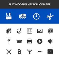 Modern, simple vector icon set with stove, frame, plane, table, plate, spoon, cook, off, cut, old, food, printer, delivery, oven, background, trailer, cake, switch, print, machine, sweet, pie icons