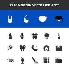 Modern, simple vector icon set with bulb, clothing, kite, white, communication, baby, energy, laboratory, sign, stationary, watch, data, dentist, gadget, document, idea, paint, empty, dinner icons