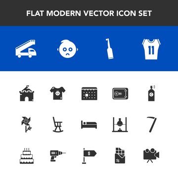 Modern, simple vector icon set with chair, flower, brush, truck, spray, spring, bank, timetable, tooth, finance, architecture, calendar, baby, office, hotel, clothes, transport, travel, shirt icons