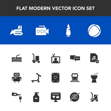 Modern, simple vector icon set with talk, speech, food, add, film, android, technology, bubble, equipment, cyborg, handle, scale, play, poker, music, machinery, file, construction, shipping, tv icons