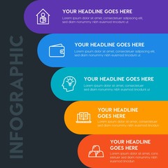 Flat money, time, education infographic steps template with 5 options for presentations, advertising, annual reports.