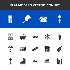 Modern, simple vector icon set with wine, leaf, glass, headwear, mascara, summer, document, clothing, style, phone, rainy, hippie, sunglasses, wet, sign, makeup, cream, drink, palm, brush, meat icons