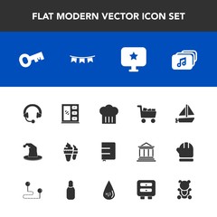 Modern, simple vector icon set with food, transportation, music, notebook, sound, background, chief, restaurant, travel, sign, toy, circus, cute, dessert, star, celebration, furniture, equipment icons