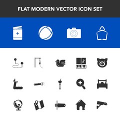 Modern, simple vector icon set with gym, music, bird, camera, swine, alcohol, medicine, surveillance, destination, note, drink, musical, pig, sign, sound, lamp, treadmill, sale, photo, piglet,  icons