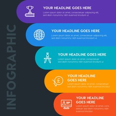 Flat money, time, education infographic steps template with 5 options for presentations, advertising, annual reports.