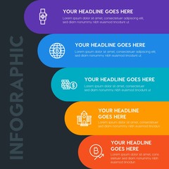 Flat money, time, education infographic steps template with 5 options for presentations, advertising, annual reports.