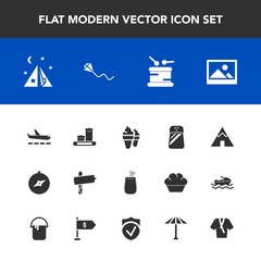 Modern, simple vector icon set with adventure, luggage, airport, umbrella, sky, camp, sweet, direction, joy, travel, musical, dessert, ice, sign, art, tent, fun, old, japan, business, bag, cream icons