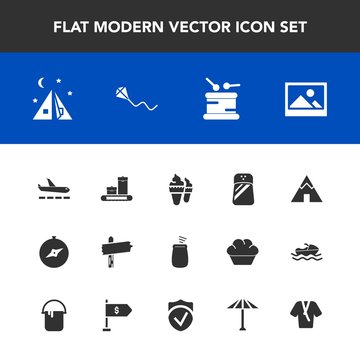 Modern, simple vector icon set with adventure, luggage, airport, umbrella, sky, camp, sweet, direction, joy, travel, musical, dessert, ice, sign, art, tent, fun, old, japan, business, bag, cream icons