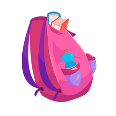 Pink backpack with textbooks and a bottle of water