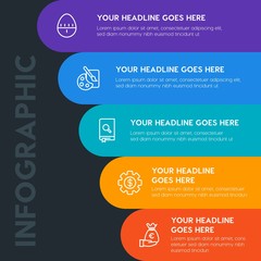 Flat money, time, education infographic steps template with 5 options for presentations, advertising, annual reports.