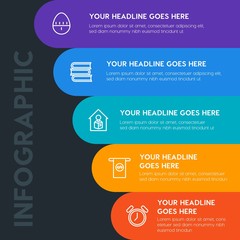Flat money, time, education infographic steps template with 5 options for presentations, advertising, annual reports.