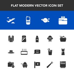 Modern, simple vector icon set with ufo, kitchen, fashion, cake, cook, spacecraft, travel, perfume, salt, pie, aroma, coat, style, hat, sweet, space, bag, face, flight, west, pepper, stationary icons