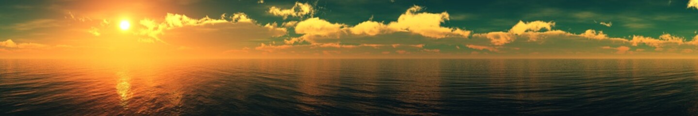 Naklejka na ściany i meble panorama of the ocean sunset, sea sunset, the sun in the clouds over the water, 3D rendering 
