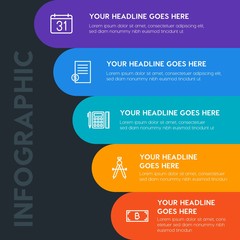 Flat money, time, education infographic steps template with 5 options for presentations, advertising, annual reports.