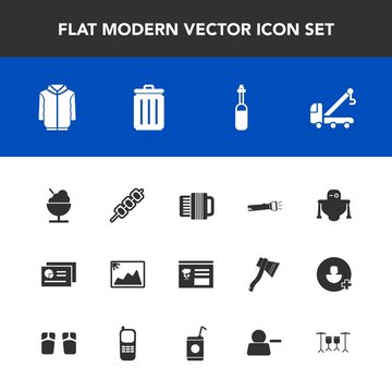 Modern, simple vector icon set with can, truck, picture, android, equipment, vehicle, clothing, chart, image, barbecue, medicine, futuristic, tool, music, menu, robot, laboratory, trash, graph icons