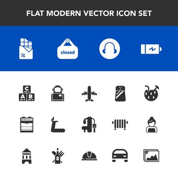 Modern, simple vector icon set with sign, oven, power, battery, exercise, fitness, kitchen, child, cocktail, airplane, picture, treadmill, store, travel, chocolate, seasoning, juice, business icons