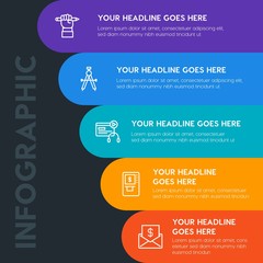 Flat money, time, education infographic steps template with 5 options for presentations, advertising, annual reports.