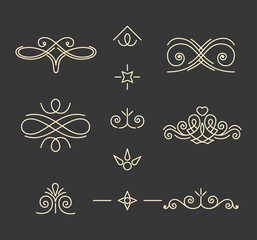 Pade decorations set. Vintage calligraphic elements. Book decor. Ornamental filigree pattern. Black and white isolated. Vector.