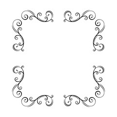 Border, corners, vignettes vintage elements set. Swirls, decorative filigree pattern. Ornamental scroll frame. Page decorations, Wedding invitation, Greeting card design. Vector.