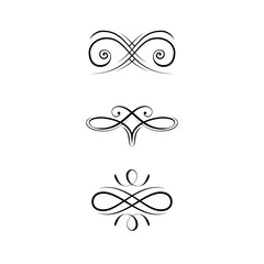 Calligraphic Design Elements, Page Decoration set. Swirls, Filigree ornamental design. Book decorations, Wedding invitations, Greeting cards. Vector.