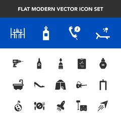 Modern, simple vector icon set with beverage, vacation, sweet, summer, heart, equipment, white, food, drill, call, aroma, tent, flight, outdoor, plane, fly, center, bottle, beauty, female, bed icons