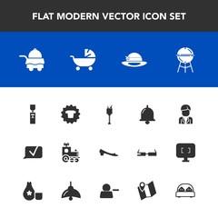 Modern, simple vector icon set with ice, meat, fashion, stroller, hotel, barbecue, cooking, kid, bell, man, gallon, male, locomotive, drink, shirt, bed, chat, room, double, bedroom, alarm, toy icons