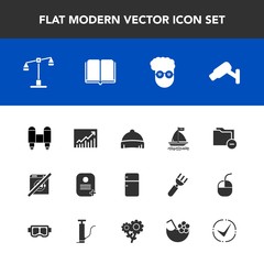 Modern, simple vector icon set with data, headwear, identity, retro, technology, justice, craft, security, fridge, safety, file, book, spaceship, dont, camera, fashion, space, graph, business icons