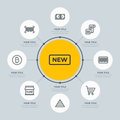 Circle network chart business, mobile, shopping infographic template with 8 options for presentations, advertising, annual reports.