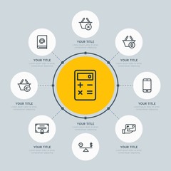 Circle network chart business, mobile, shopping infographic template with 8 options for presentations, advertising, annual reports.