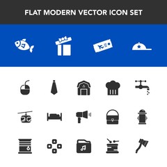 Modern, simple vector icon set with clothing, fish, natural, barn, computer, airplane, double, tie, chief, megaphone, gift, rail, sea, wood, fashion, device, bathroom, ticket, headwear, sky, bed icons