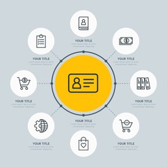 Circle network chart business, mobile, shopping infographic template with 8 options for presentations, advertising, annual reports.