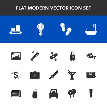 Modern, simple vector icon set with kayak, image, parachute, equipment, jump, cutlery, sign, knife, picture, fork, league, dinner, fish, white, medical, ball, footwear, emergency, photo, seafood icons