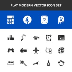 Modern, simple vector icon set with day, timetable, camera, bed, sickle, monster, alarm, photographer, accounting, sound, calendar, time, baby, vacation, schedule, alien, microphone, voice, toy icons