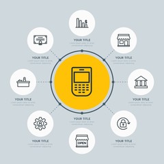 Circle network chart business, mobile, shopping infographic template with 8 options for presentations, advertising, annual reports.