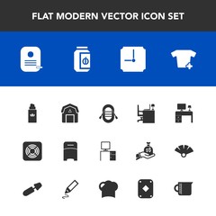 Modern, simple vector icon set with shirt, perfume, play, bed, transparent, clothing, equipment, time, fan, double, furniture, hour, sign, sailboat, chef, work, ship, boat, container, air, glass icons