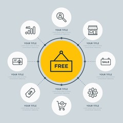 Circle network chart business, mobile, shopping infographic template with 8 options for presentations, advertising, annual reports.