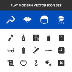 Modern, simple vector icon set with office, safety, ball, entrance, sunglasses, food, meat, traffic, equipment, percussion, harvest, hippie, light, helmet, nutrition, kitchen, harvesting, milk icons