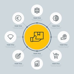Circle network chart business, mobile, shopping infographic template with 8 options for presentations, advertising, annual reports.