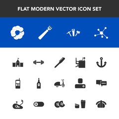 Modern, simple vector icon set with wine, pen, cycle, drink, stationery, japan, fork, marine, gym, fitness, tower, red, atom, cell, mobile, hammer, table, dessert, food, fish, phone, equipment icons