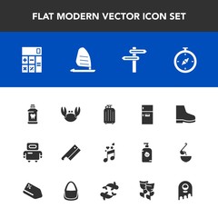 Modern, simple vector icon set with fresh, futuristic, hygiene, compass, cyborg, accounting, luggage, music, note, ocean, business, surf, care, sport, travel, sound, health, map, musical, axe icons