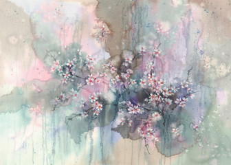 sakura after the rain watercolor - obrazy, fototapety, plakaty